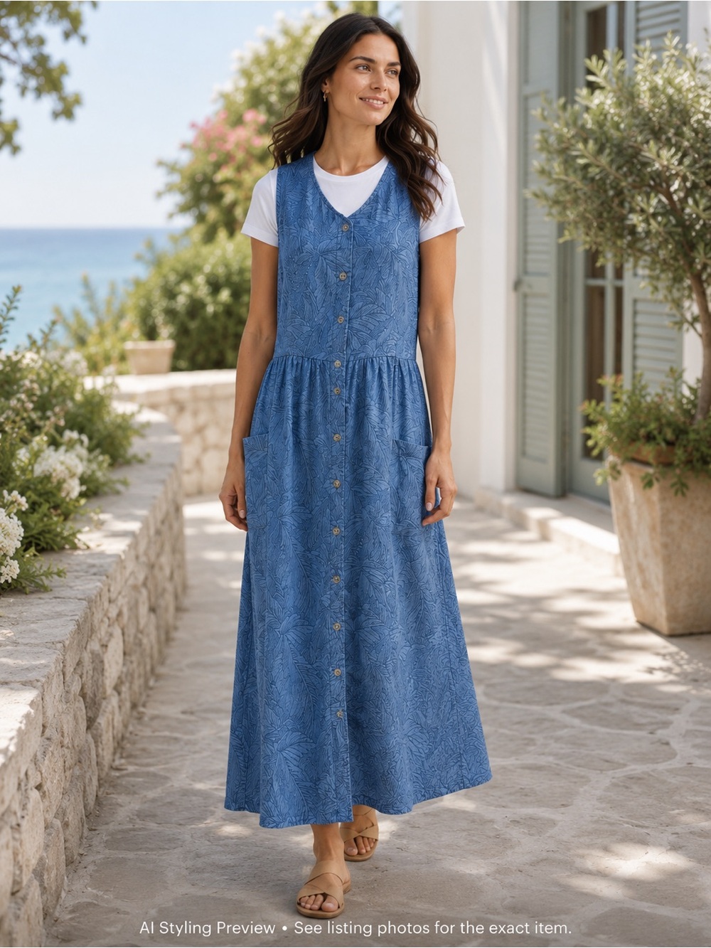 Vintage Balance Blue Palm Print Cotton Pinafore Maxi Dress L/XL